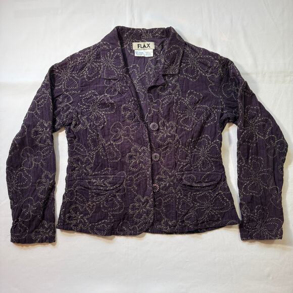 FLAX Purple Embroidered 100% Cotton Blazer Jacket Petite Cottagecore Academia - Picture 3 of 6